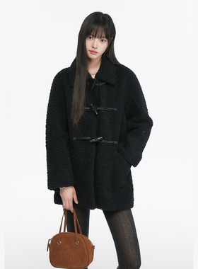 King Prince贵千金黑色牛角扣毛毛外套宽松显瘦羊羔毛外套女冬季