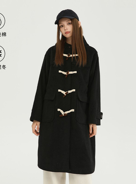 King Prince长款黑色牛角扣妮子大衣毛呢外套秋冬保暖加厚外套