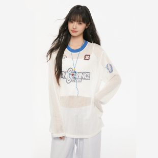 T恤宽松休闲针织镂空字母印花长袖 撞色罩衫 上衣女 Prince美式 King