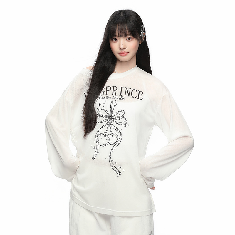 King Prince复古樱桃素描印花天丝薄款防晒罩衫斜肩长袖女上衣