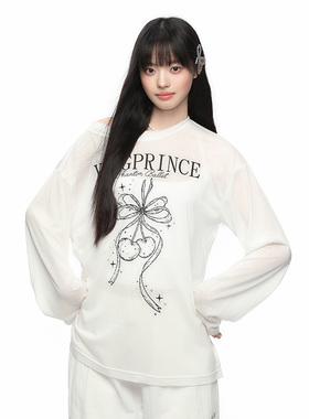 King Prince复古樱桃素描印花天丝薄款防晒罩衫斜肩长袖女上衣