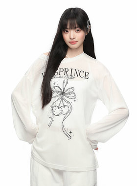 King Prince复古樱桃素描印花天丝薄款防晒罩衫斜肩长袖女上衣