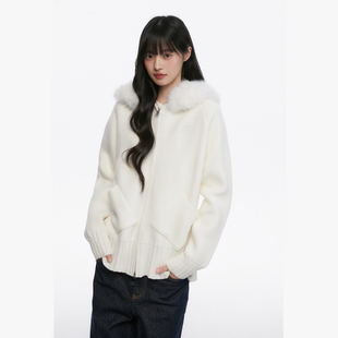King 女秋冬毛领连帽毛衣外套 Prince慵懒风温柔连帽毛领针织开衫