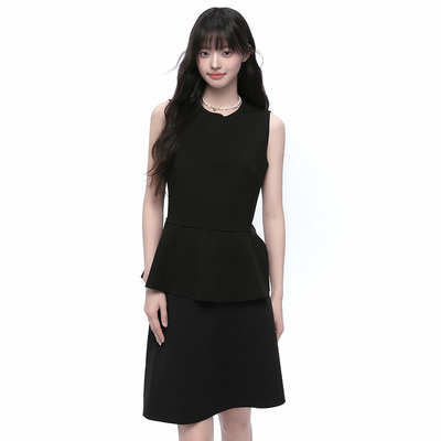 King Prince无袖收腰荷叶衣摆背心女新款伞裙半身裙黑色套装女夏