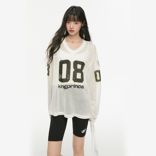 防晒罩衫 King T恤宽松薄款 透气针织镂空字母印花长袖 女 Prince夏季
