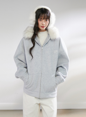King Prince连帽毛领呢子卫衣加厚外套女秋冬拉链开衫外套上衣