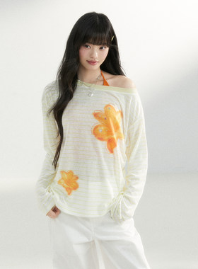 King Prince花卉条纹斜肩T恤女宽松天丝上衣防晒罩衫女夏季长袖
