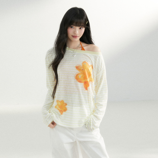 King Prince花卉条纹斜肩T恤女宽松天丝上衣防晒罩衫女夏季长袖