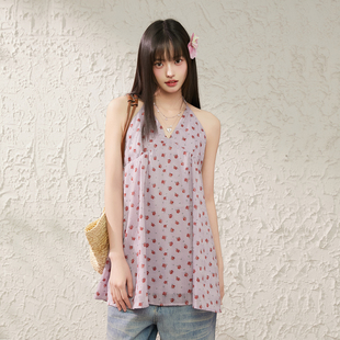 King 背心显瘦气质短裙 Prince度假风碎花挂脖连衣裙女夏V领无袖