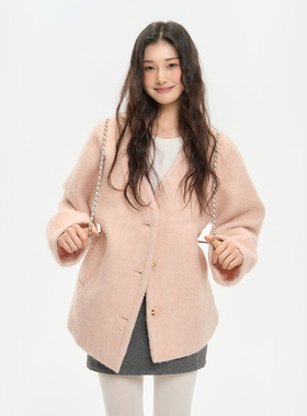 King Prince粉色毛毛呢外套女冬高级感宽松廓形加厚呢子羊毛开衫