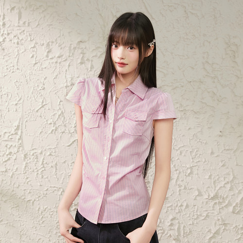 King Prince韩系学院风粉色条纹正肩掐腰剪裁条纹短袖衬衫上衣夏