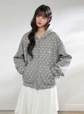 King Prince韩系波点满印连帽短款卫衣休闲百搭开衫外套女秋款