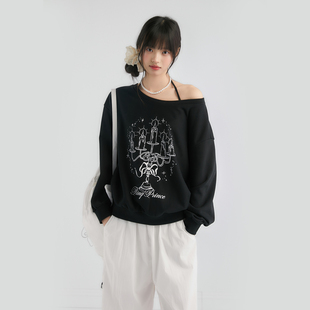 King Prince手绘烛台印花斜肩上衣宽松套头一字肩圆领露肩卫衣女