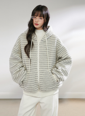 King Prince韩系羊羔毛条纹外套女秋冬软糯慵懒宽松加厚毛毛上衣