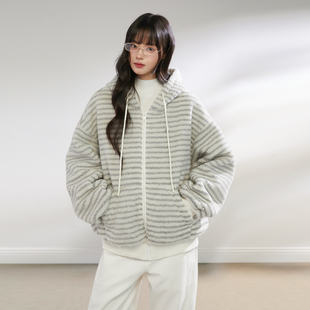 King Prince韩系羊羔毛条纹外套女秋冬软糯慵懒宽松加厚毛毛上衣