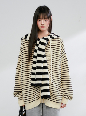 King Prince春季新款连帽条纹针织卫衣女宽松慵懒毛衣外套上衣