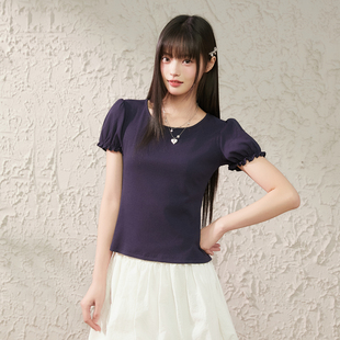 T恤女修身 king 短袖 泡泡袖 显瘦后背开叉系带圆领上衣夏 prince韩式
