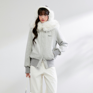 King Prince冬季新款连帽毛绒开衫拉链卫衣加厚毛领保暖加绒外套