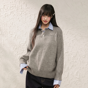 领套头上衣 格纹拼接衬衫 King Prince韩系翻领假两件毛衣针织衫