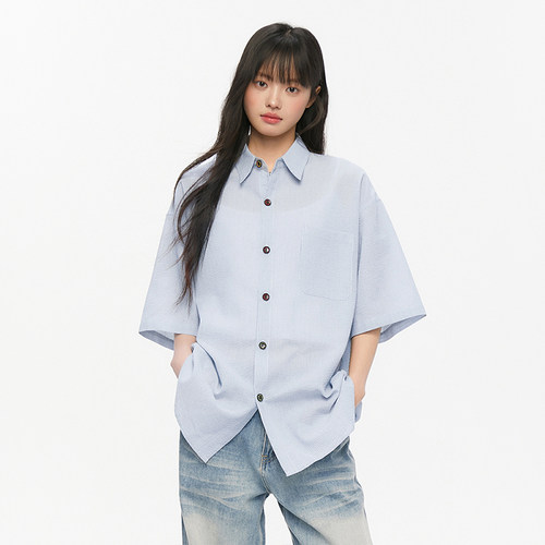 King Prince夏季简约日系翻领条纹短袖衬衫宽松百搭休闲上衣女