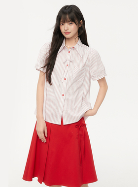 King Prince夏季减龄红色条纹蝴蝶结短袖衬衫设计感泡泡袖衬衣女
