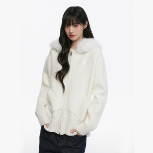 King 女秋冬毛領連帽毛衣外套 Prince慵懶風溫柔連帽毛領針織開衫