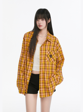 King Prince美式多巴胺黄色格子衬衫男女情侣款开衫上衣外套衬衣