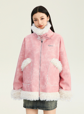 King Prince 粉色麂皮外套2023秋冬新款宽松保暖皮夹克皮衣女