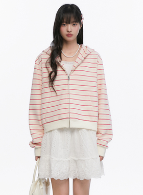 King Prince粉白条纹开衫帽衫韩系慵懒感国潮宽松百搭卫衣外套女