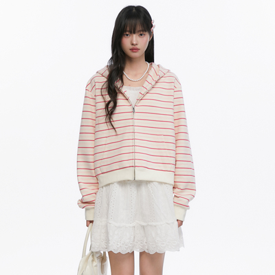 King Prince粉白条纹开衫帽衫韩系慵懒感国潮宽松百搭卫衣外套女