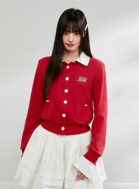 King Prince春季新款翻领撞色拼接假两件针织开衫卫衣女长袖上衣