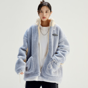 King Prince羊羔毛外套男女加绒加厚立领糖果色拼接羊羔绒棉服