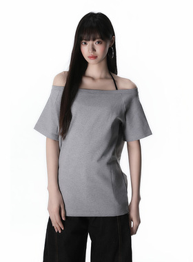 King Prince慵懒露肩T恤女春夏新款灰色斜肩一字肩设计感短袖上衣