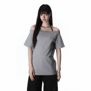 上衣 灰色斜肩一字肩设计感短袖 King Prince慵懒露肩T恤女春夏新款