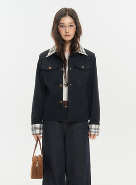 King Prince2026春季新款复古文艺格纹拼接修身夹克短款外套女