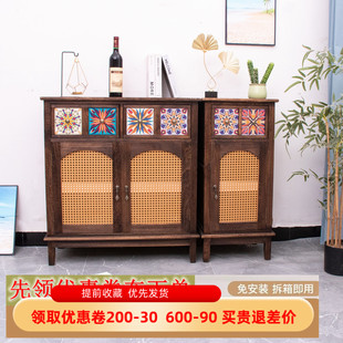 美式 储物柜阳台柜 实木餐边柜藤编复古茶水柜客厅收纳柜民宿新中式