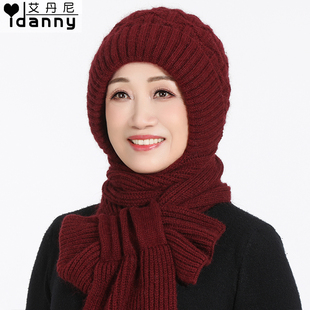 帽子女冬季中老年人妈妈奶奶加绒厚针织毛线帽围巾保暖一体风雪帽