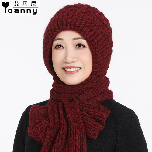 中老年人妈妈冬季毛线围巾一体帽