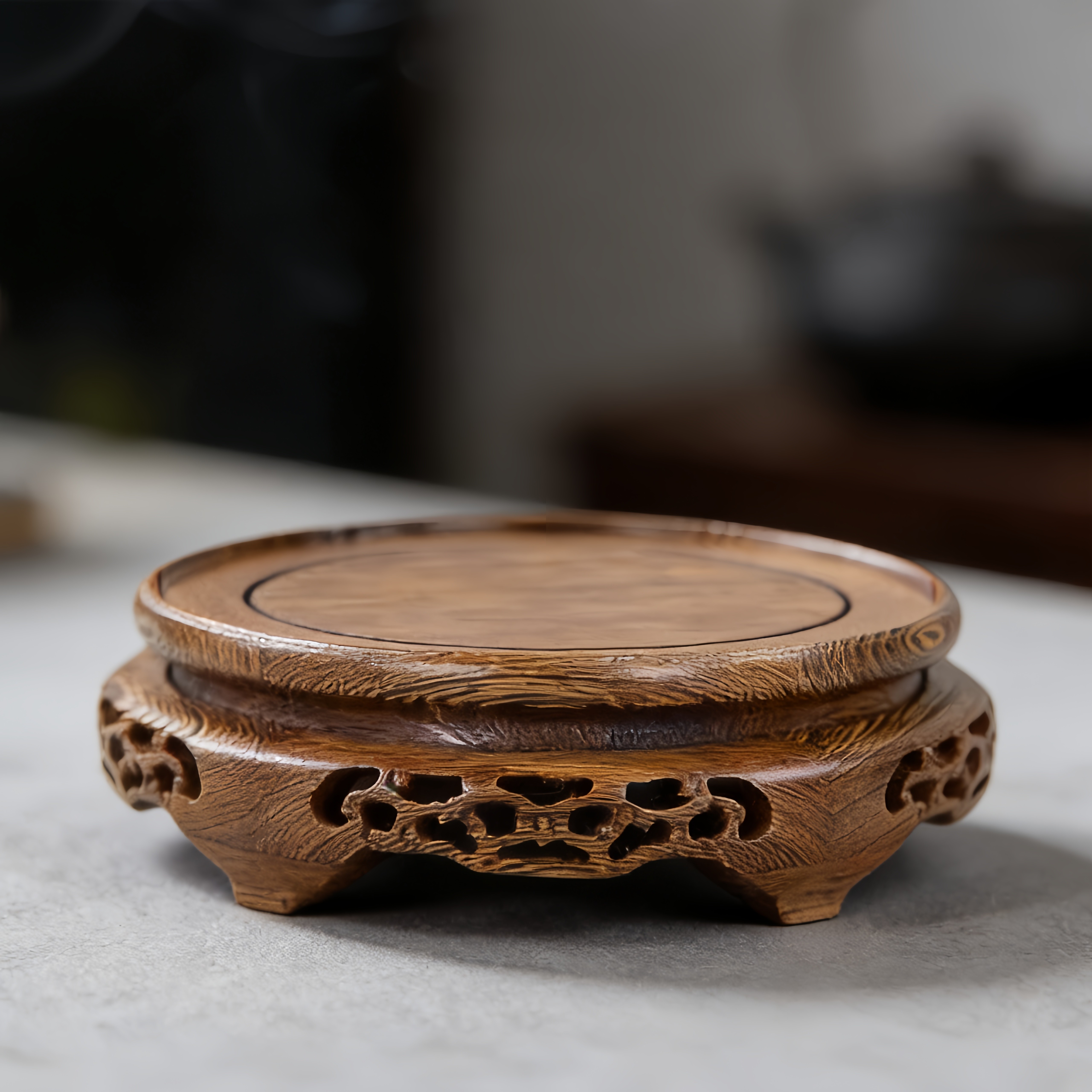 鸡翅木圆形底座鱼缸花盆佛像图片