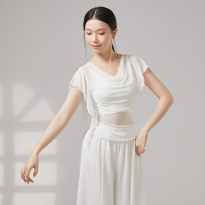 古典舞蹈服仙气身韵网纱荡领上衣飘逸不规则袖口演出练功服