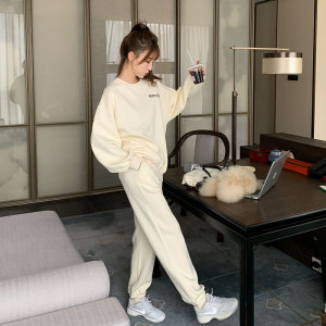 韩版时尚休闲圆领卫衣套装女2025春秋季新款宽松显瘦阔腿裤两件套图片