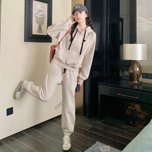 韩版减龄奶fufu连帽卫衣套装女2025春秋季新款宽松显瘦卫裤两件套图片