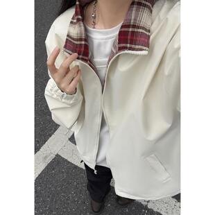 格子拼接防晒衣男女款春夏季美式复古情侣装外套宽松翻领棒球服