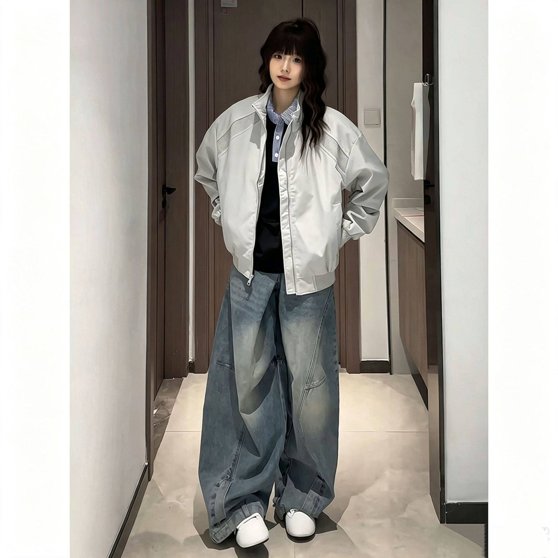 浅灰色cleanfit飞行员夹克女高级痞帅解构外套春秋立领情侣棒球服