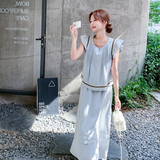 浅蓝色小飞袖娃娃衬衫套装裙女2025夏设计感气质减龄半身裙两件套，女装连衣裙，美俪侎