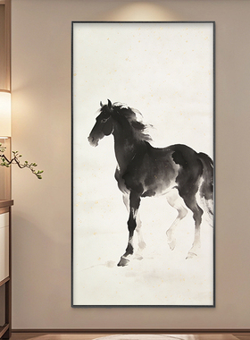 新中式轻奢黑色马到成功复古客厅卧室装饰画玄关背景墙壁画挂画
