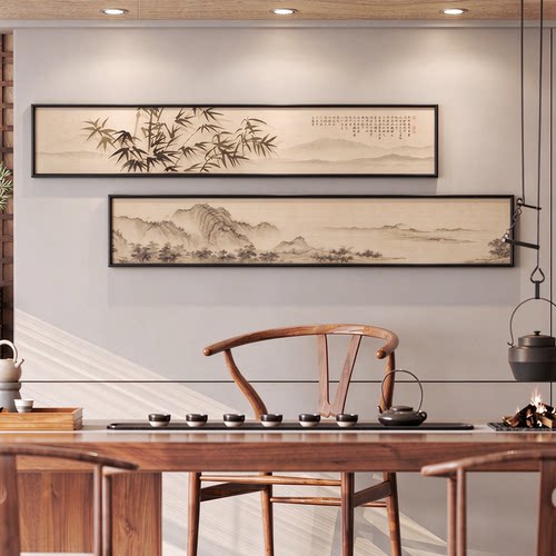 竹报平安宋代美学装饰画背有靠山客厅壁画新中式茶室茶台后面挂画