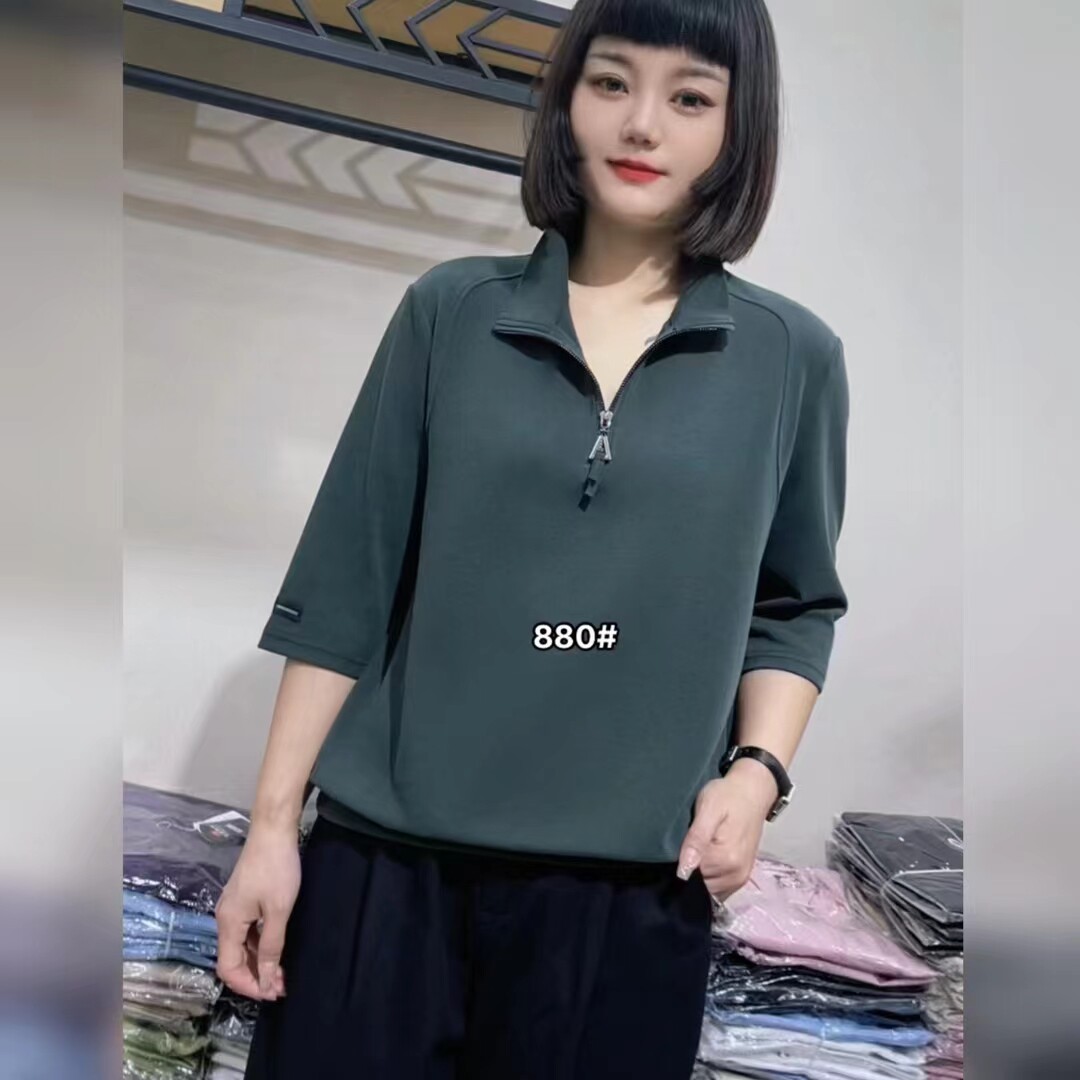 李明服饰880纯色半高领宽松百搭五分袖女韩版时尚气质套头拉链T恤