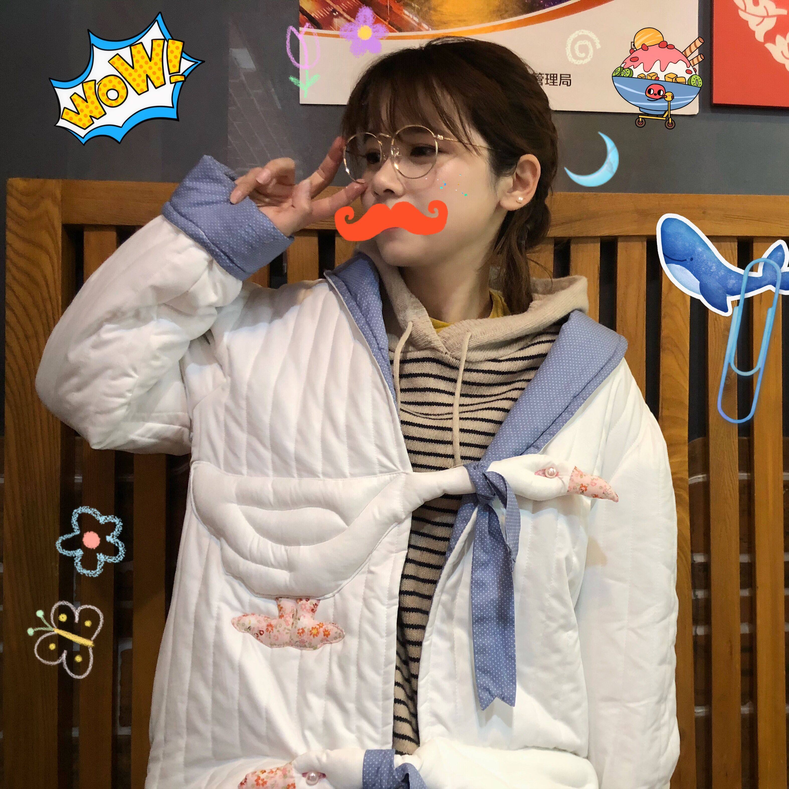 千叶鹿自制 独家可爱大白鹅vintage设计复古古着泡泡袖薄棉服外套