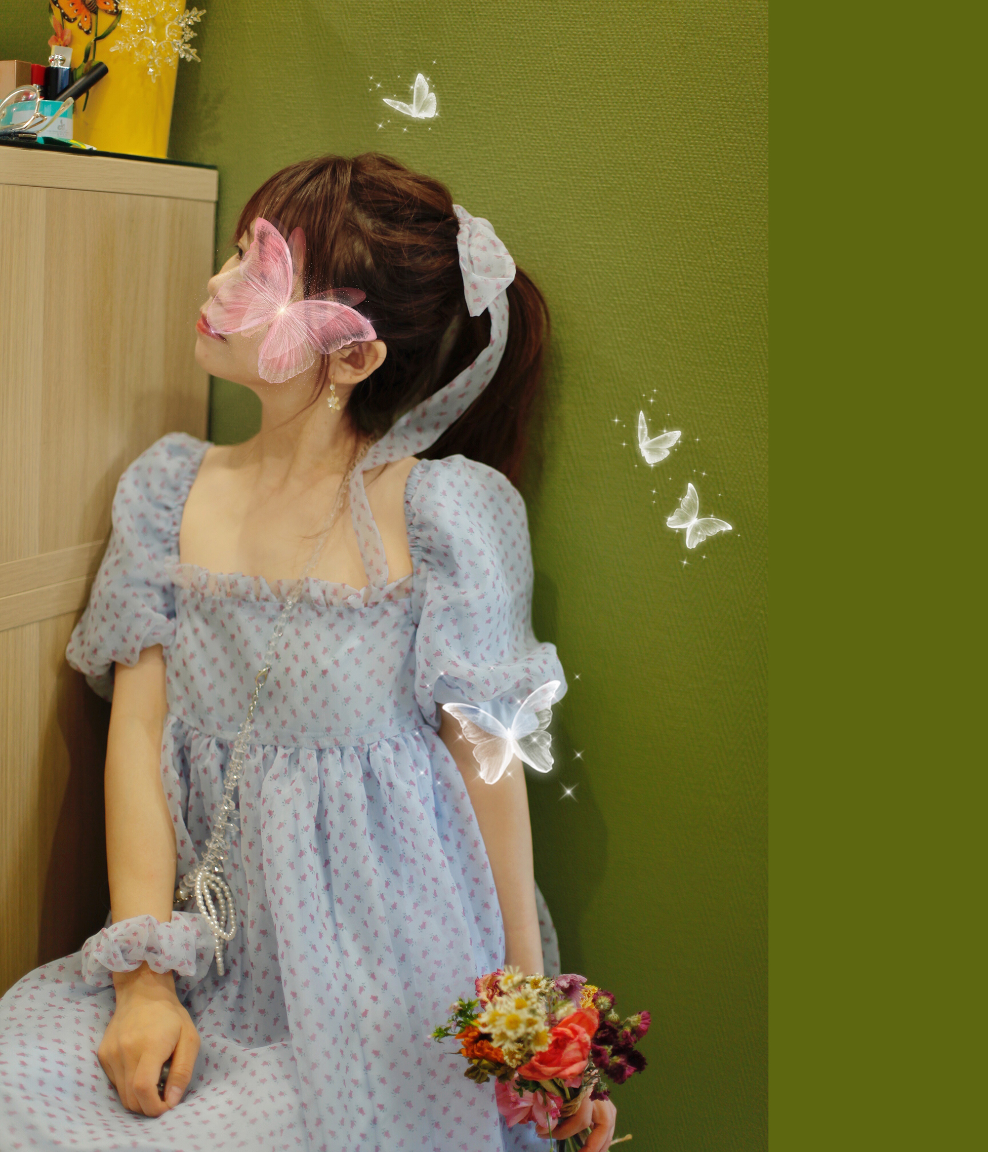 千叶鹿 原创复古vintage公主烟灰蓝碎花蓬蓬欧根纱泡泡袖连衣裙子